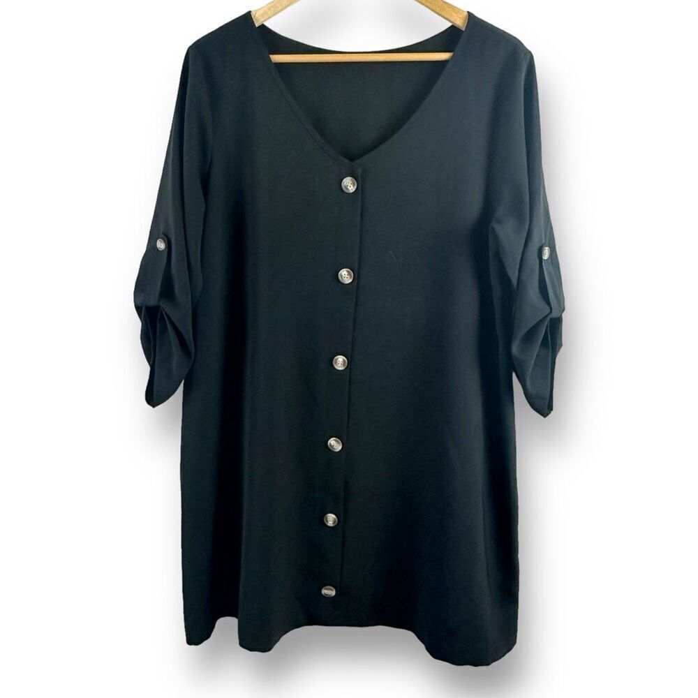 Boutique Women's XL Roll Tab Sleeve‎ Button Down Shirt Dress Black Contemporary